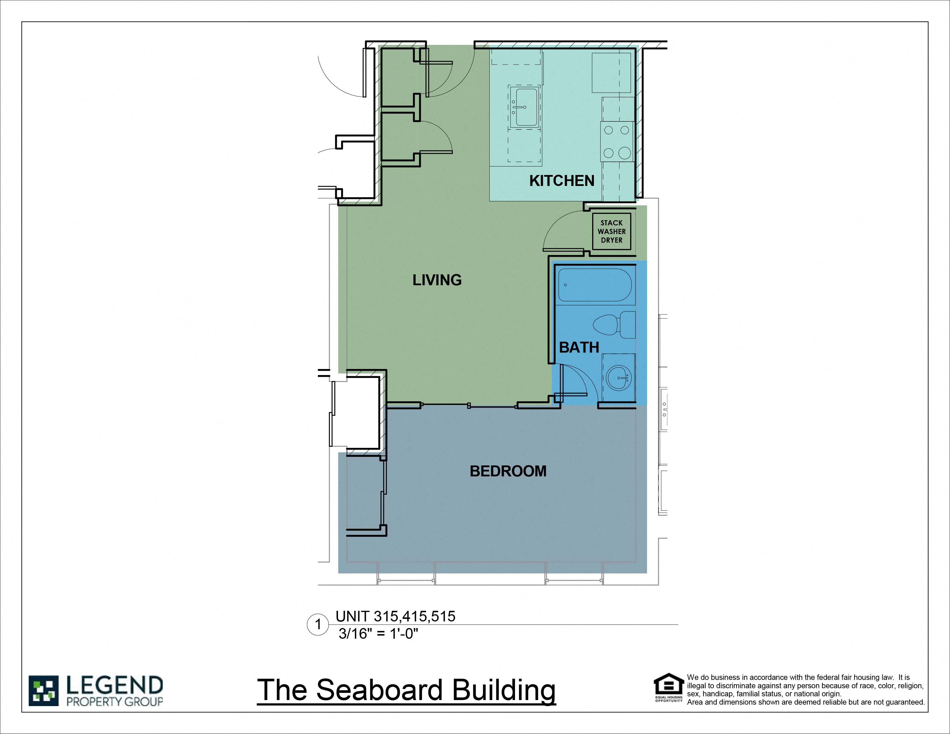 Floor plan for 1 bed, 1 bath, 606 sqft